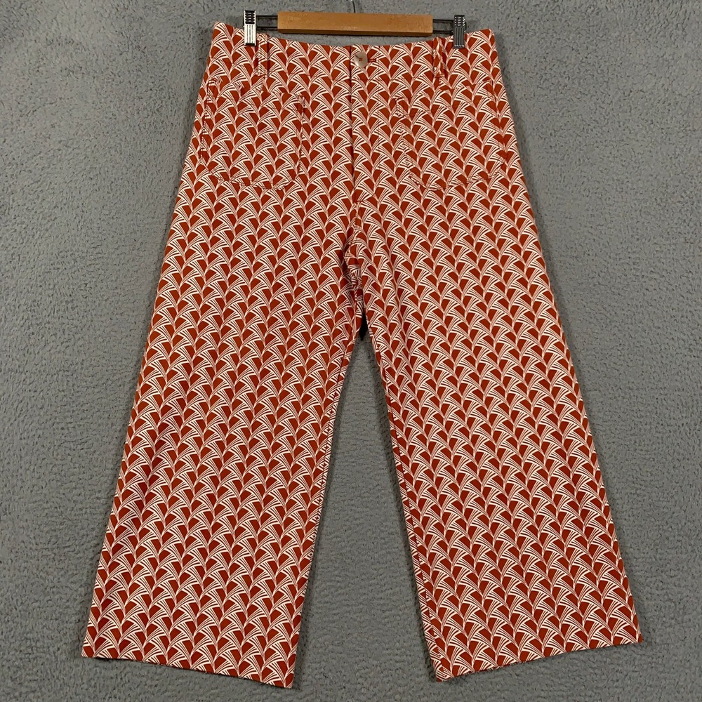 Maeve The Colette Wide-Leg Crop Pants Womens 32 Orange White Geometric Fan Print